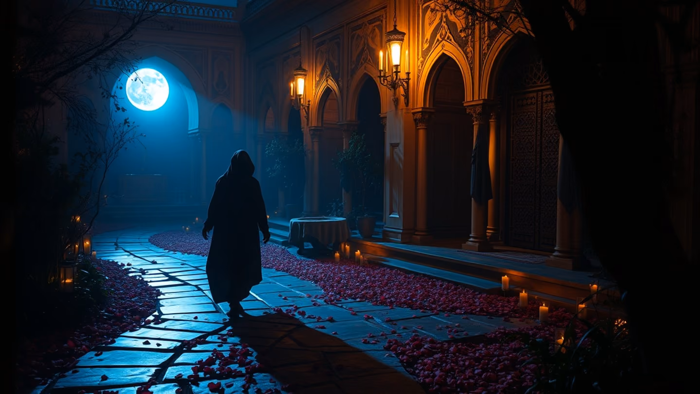 A dervish-like figure in flowing robes walking down a winding stone path in a hidden courtyard garden at midnight, blue moonlight illuminating the rose petals.