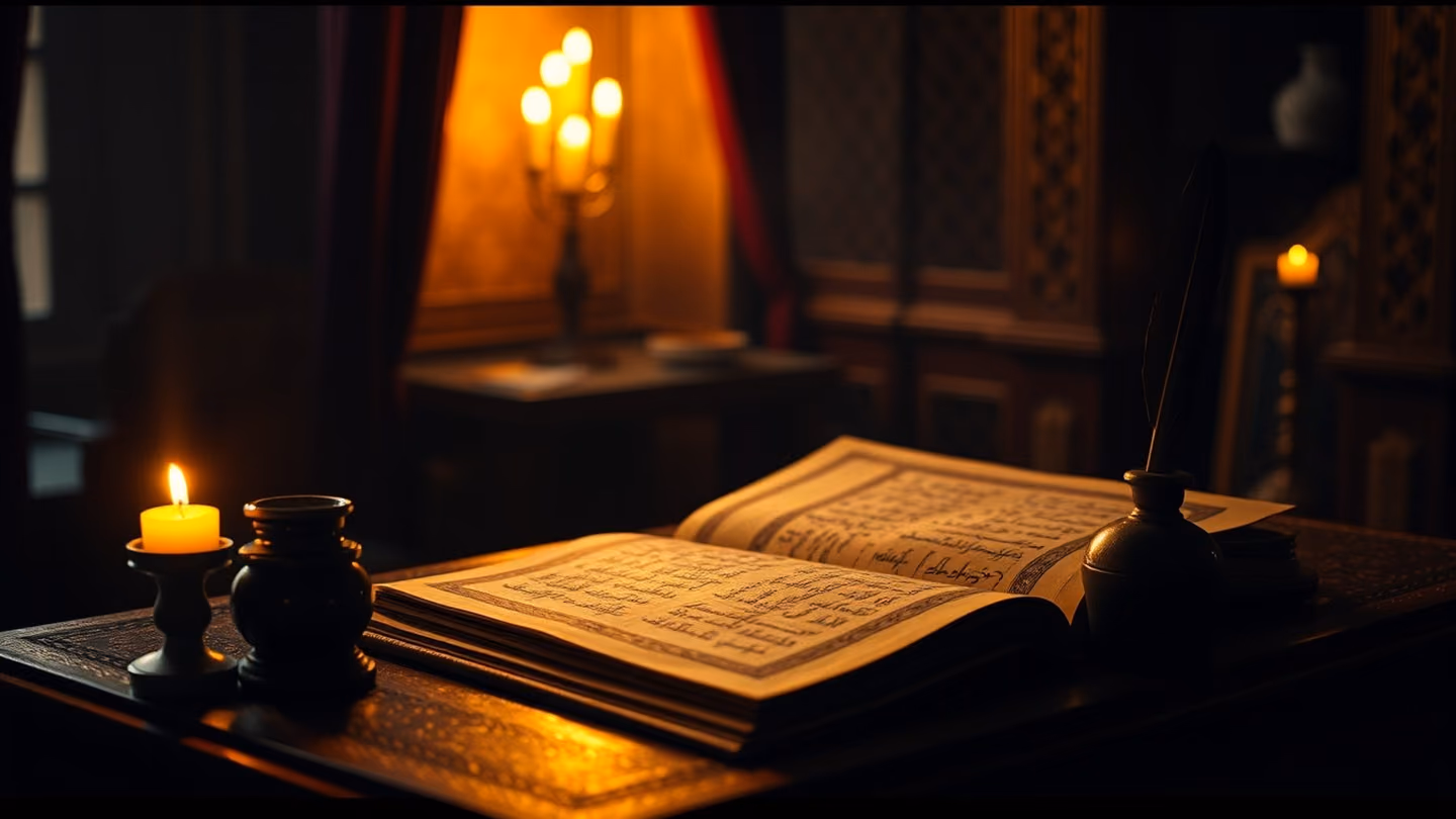 A golden-hued manuscript page resting on a mahogany desk, an inkpot and quill nearby, caught in a beam of warm candlelight, blurred background.