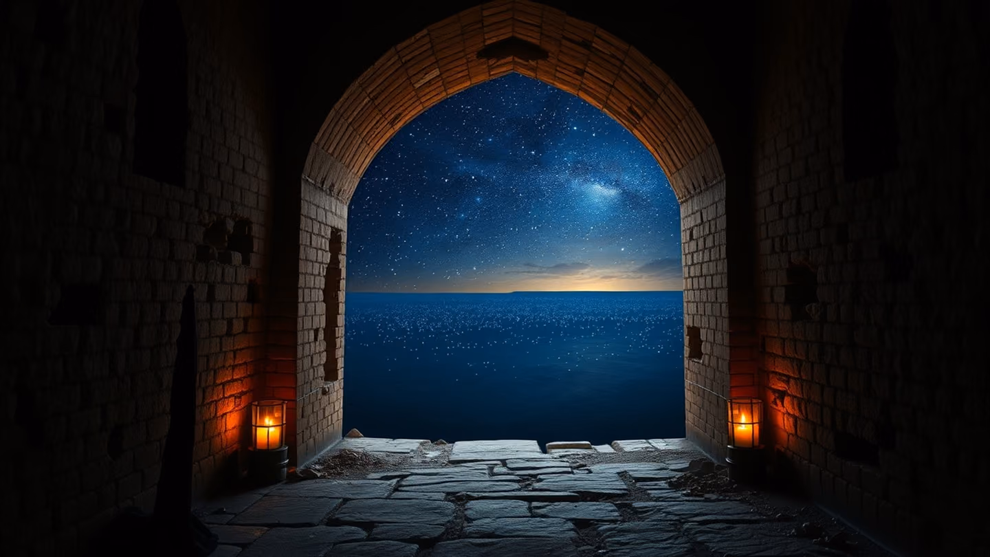 A wide shot of a crumbling brick archway leading into an infinite, dark, star-dusted horizon, representing the soul's journey, cinematic depth.