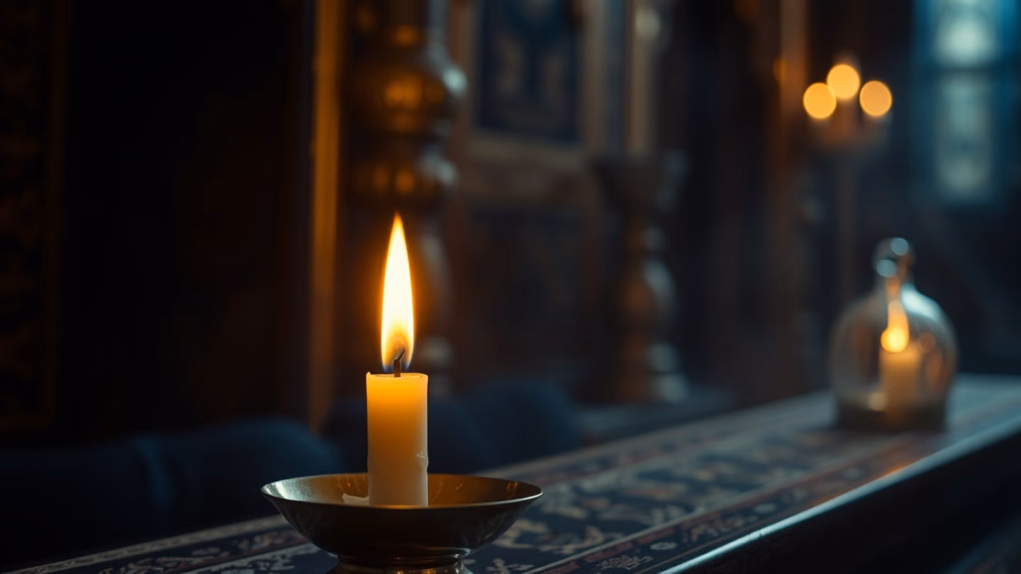 A final close-up of a melting wax candle dying out in a small brass holder, the last flicker of light fading into deep midnight indigo.
