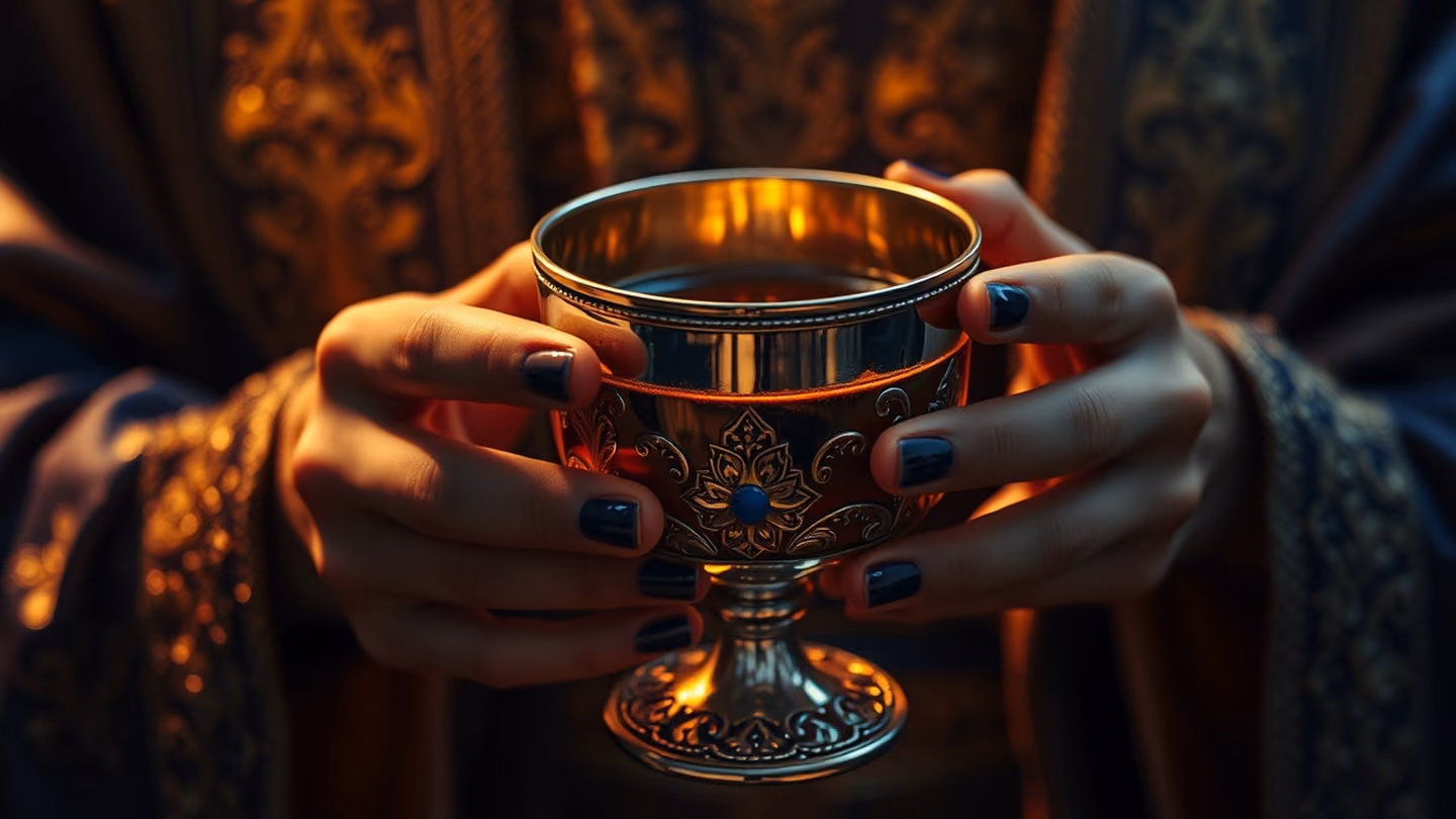 A close-up of a silver wine goblet held by elegant hands, liquid reflecting light like molten gold, shimmering silk sleeves visible.