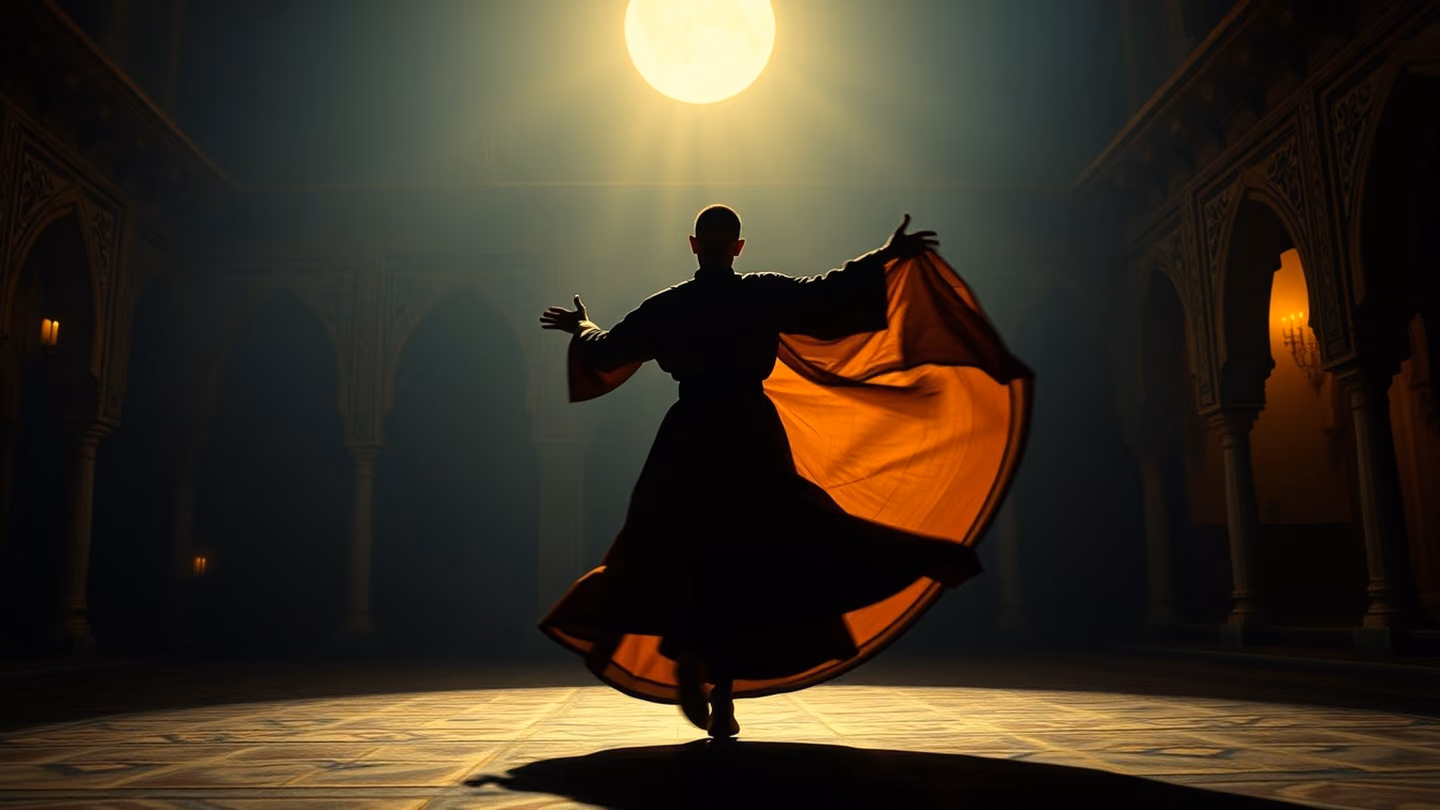 A lone dervish silhouette spinning in a moonlit courtyard, the fabric of the robe blurring into a circular motion, soft dust motes dancing in light.