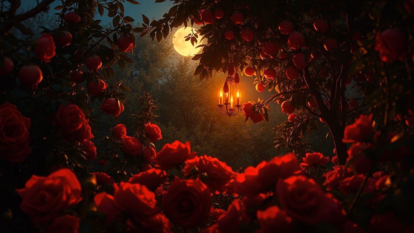 A lush, hidden rose garden at night, glowing crimson velvet petals, moonlight filtering through lush pomegranate trees.