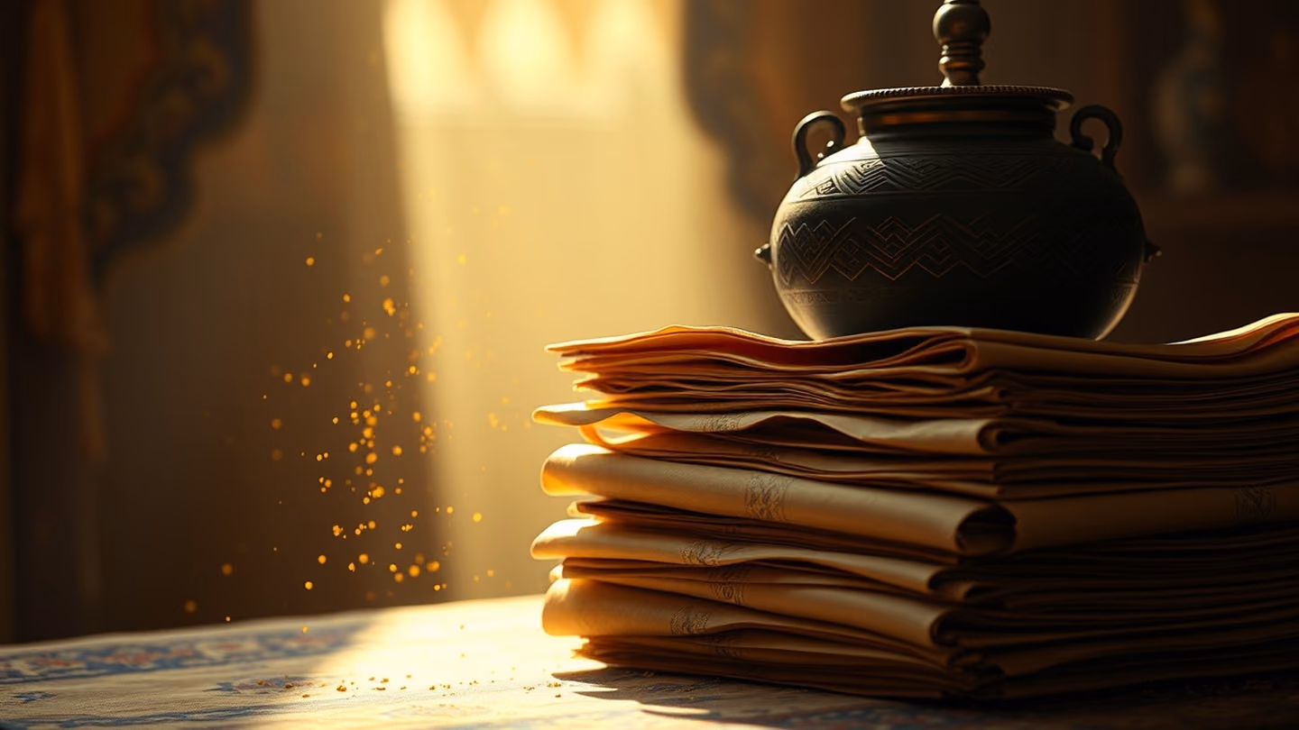 A collection of ancient parchment scrolls stacked beside an ornate clay vessel, gold dust particles floating in a single shaft of light.