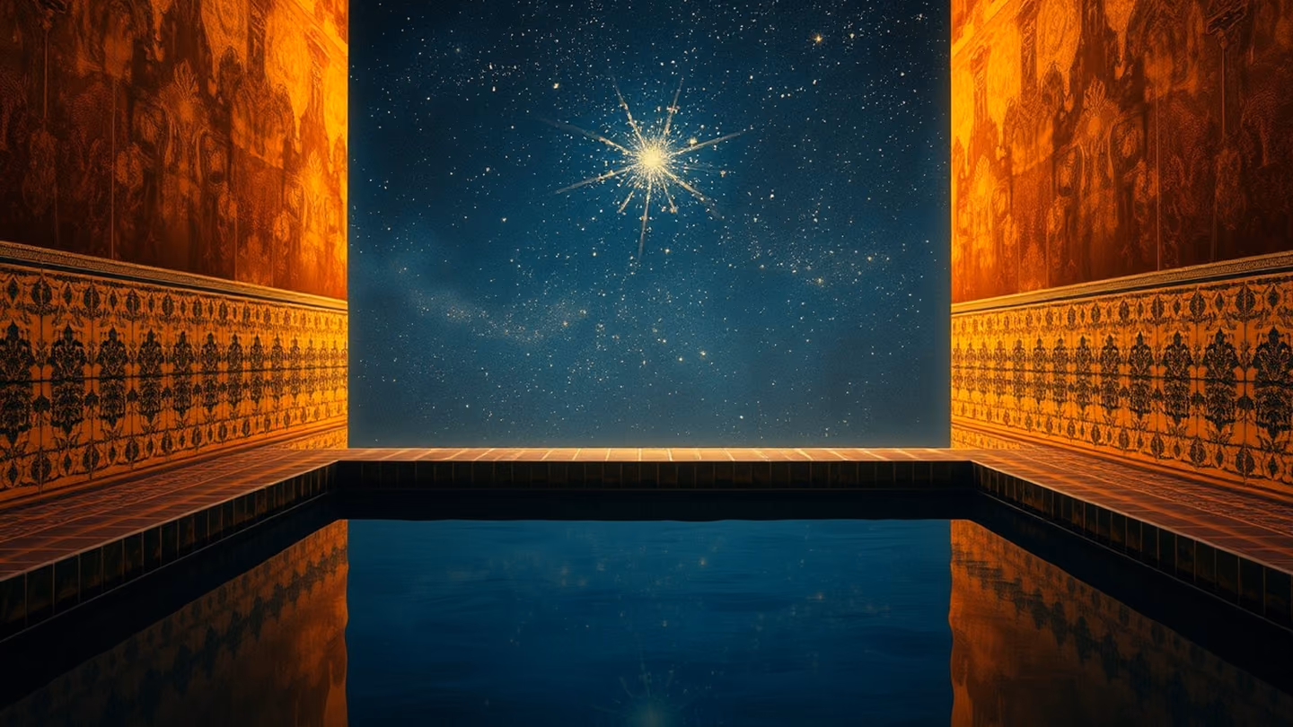A reflection of a starlit sky in a calm, dark rectangular pool of water, surrounded by hand-painted ceramic tiles.