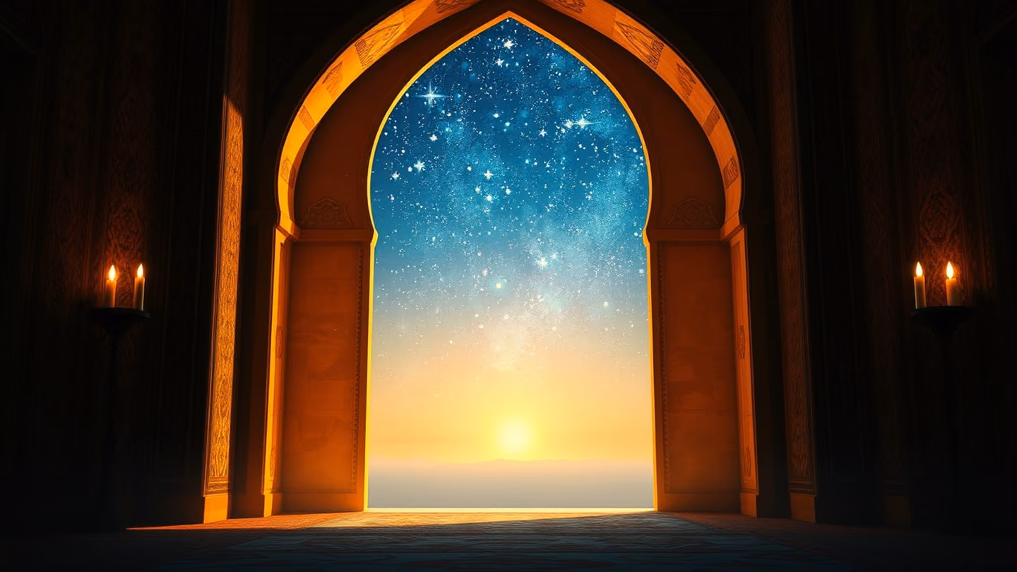 A silhouette of an archway opening into a vast, celestial horizon, symbolizing the transition from the material world to the infinite.