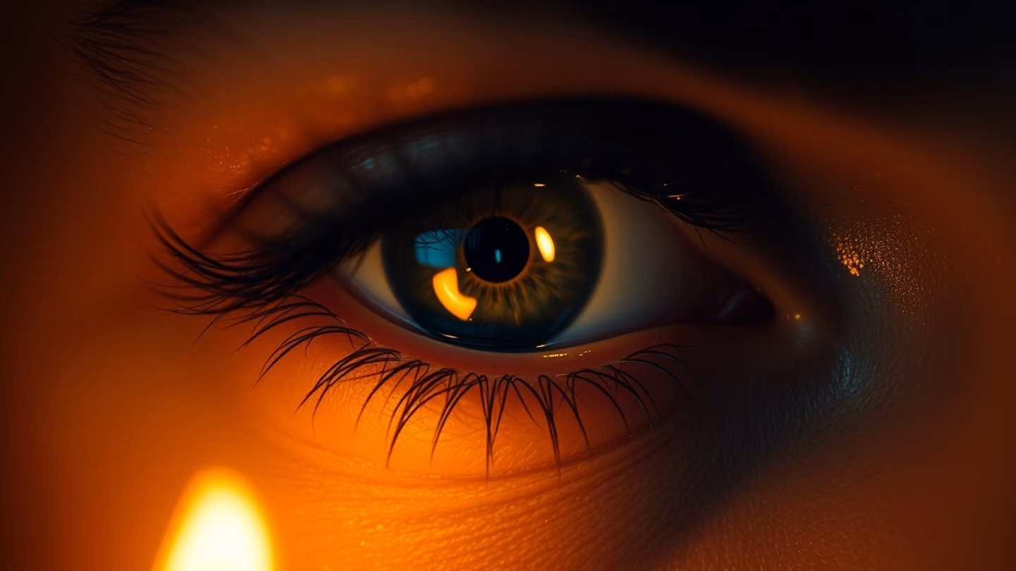 A close-up of an eye reflecting a tiny, bright candle flame, detailed lashes, soft focus on the surrounding face, mystic and intense.