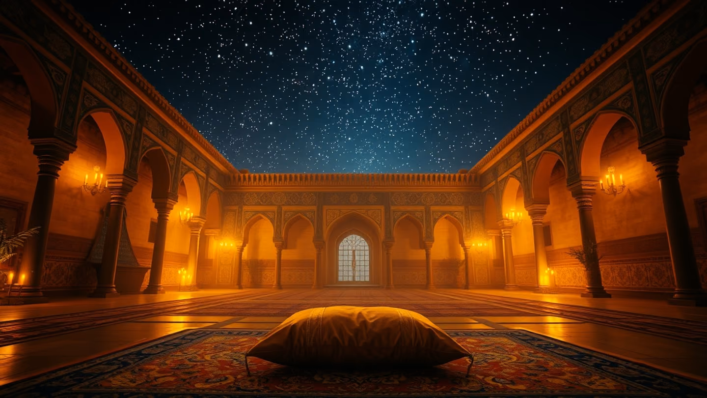 A final wide shot of a peaceful courtyard under a canopy of stars, a single silk cushion placed on a rug, signifying stillness and union.