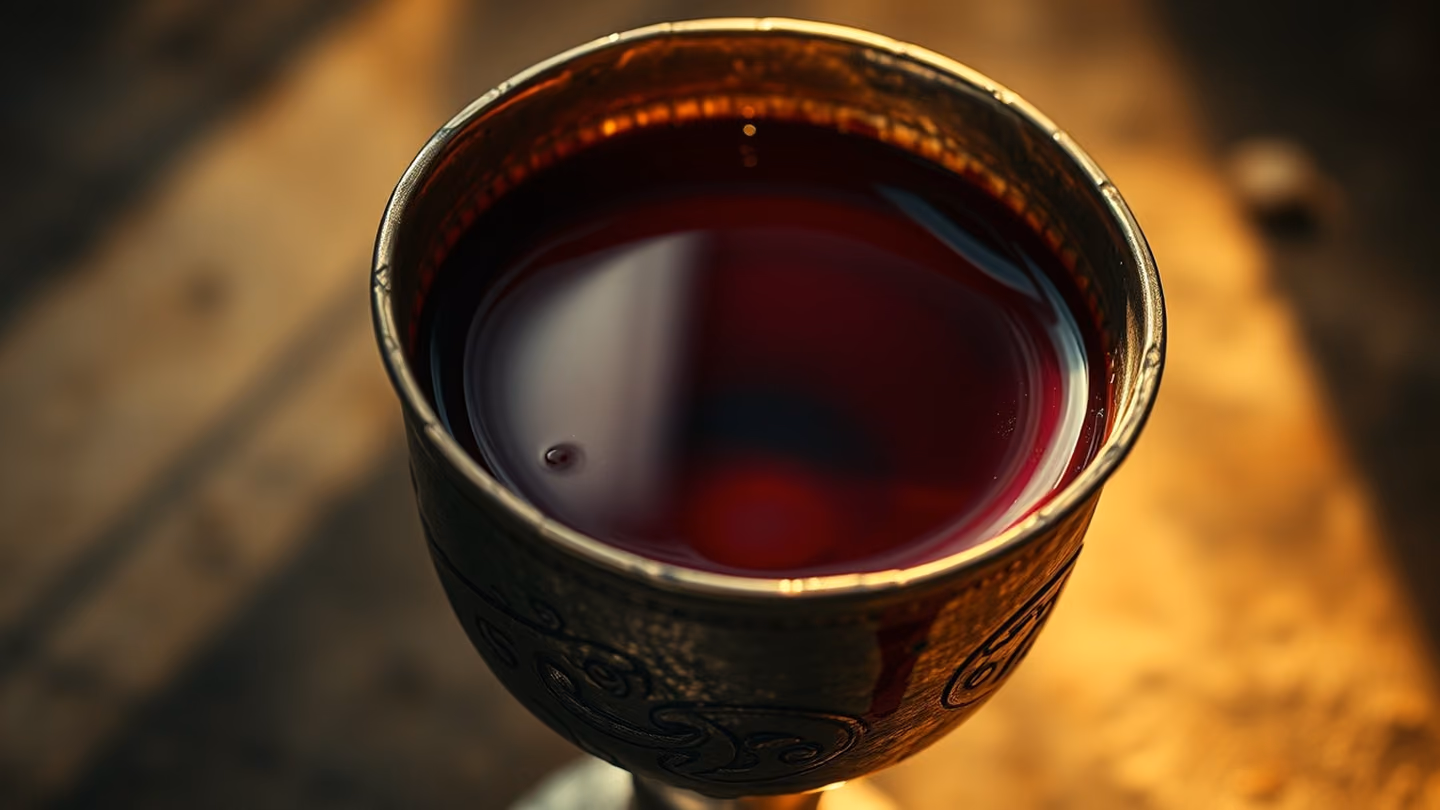 Extreme close-up of a tarnished silver wine chalice filled with deep red liquid, centered in a beam of dusty light, cinematic shallow focus.