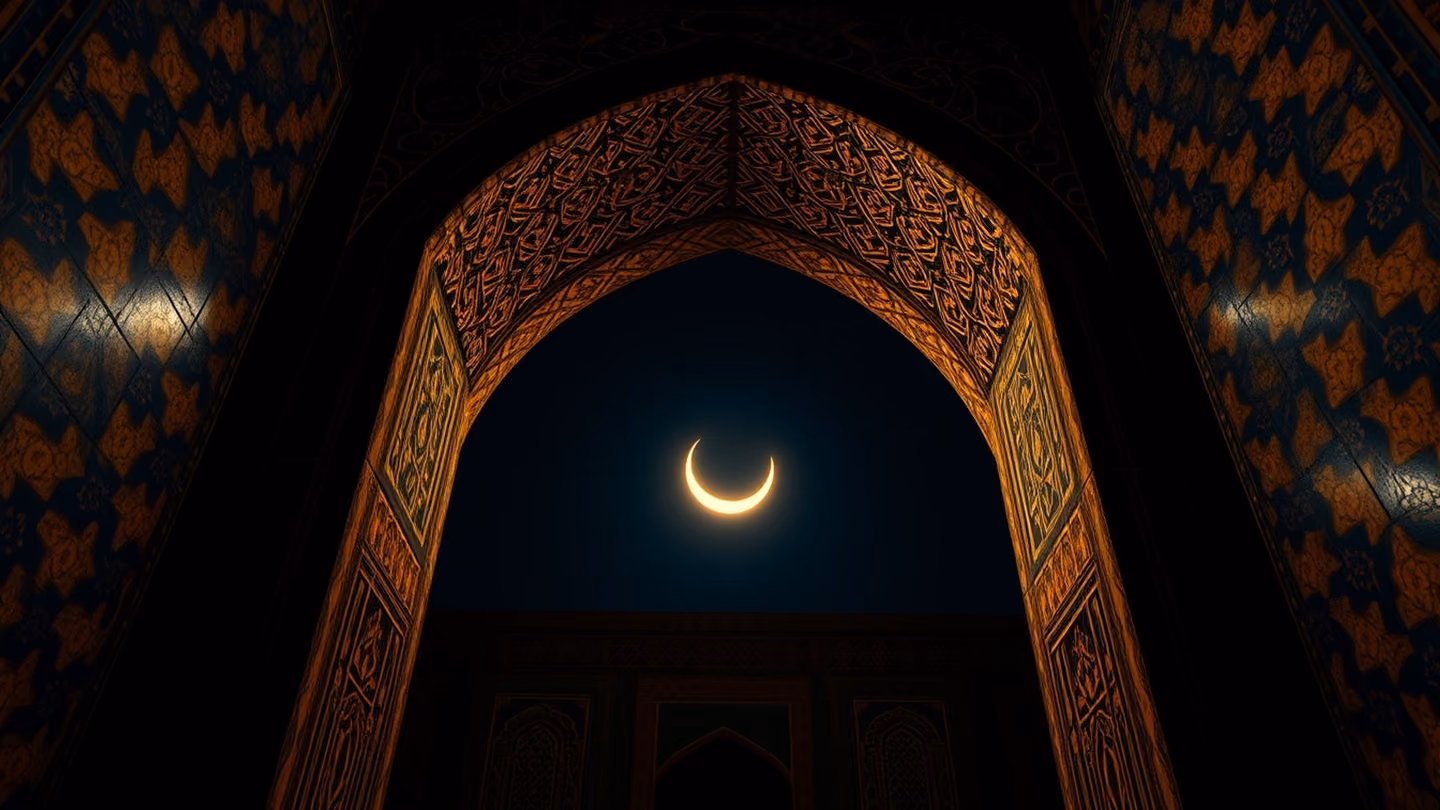 Low-angle shot looking up through the intricate geometric tilework of an ancient Persian archway at a crescent moon, night lighting.