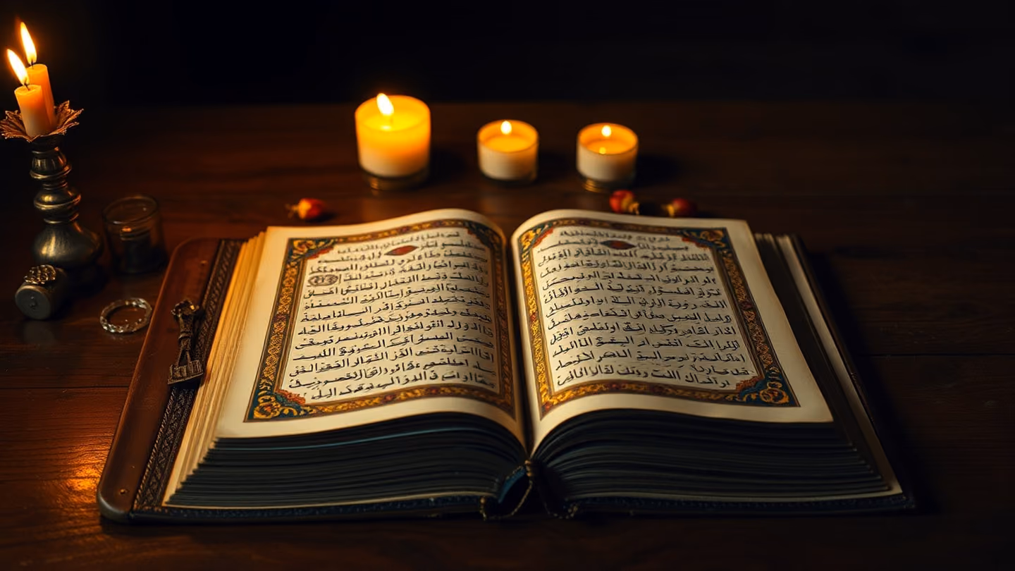 An ornate manuscript on a wooden table, featuring gold-leaf illumination and ink droplets, photographed from directly above in soft, dim amber candle-light.