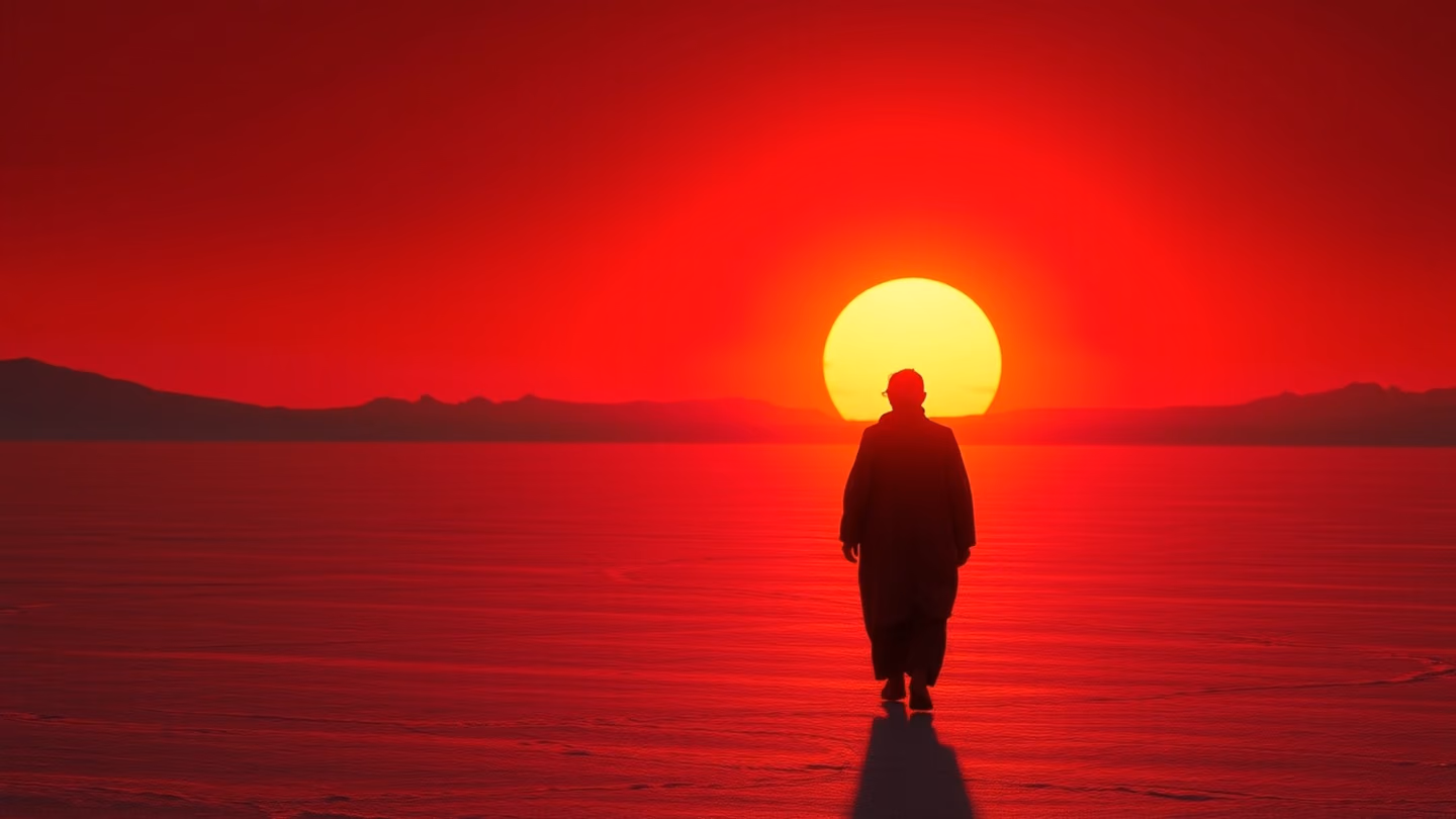 Silhouette of an elderly dervish walking away into the vast distance of a salt flat, backlit against a harsh, burning crimson sunset.