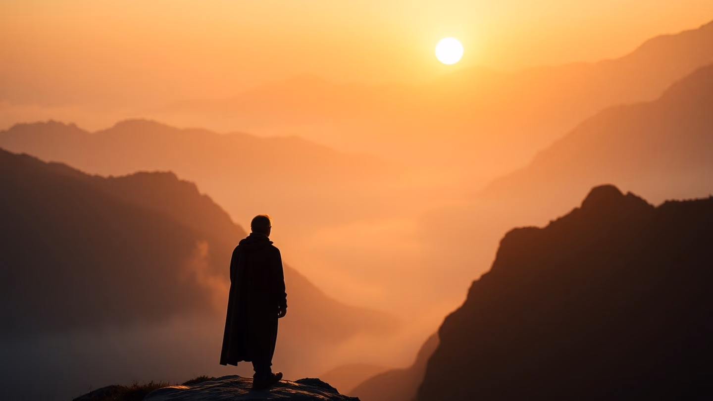 Back view of a solitary figure standing at the edge of a mountain cliff overlooking a misty valley, bathed in the ethereal pre-dawn light of a pale golden morning.