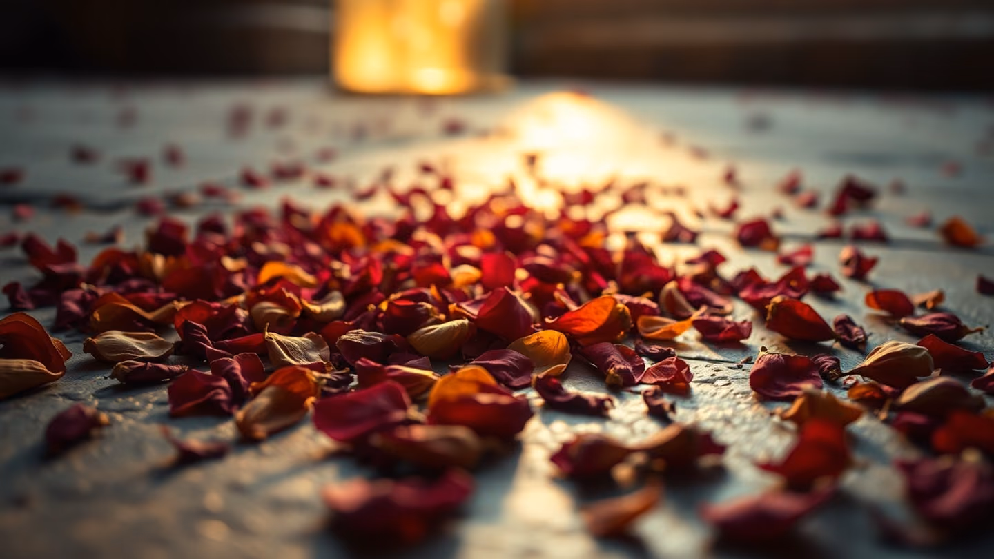 Soft-focus shot of a scattered pile of dried rose petals on a stone floor, illuminated by the first pale ray of dawn light, quiet and serene.