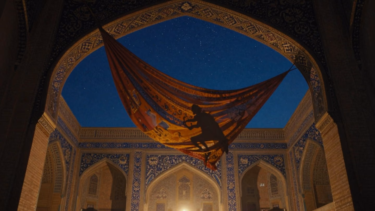 Low-angle shot looking up through a dark, ornate archway at a patch of starlit night sky, with silhouettes of hanging silk tapestries swaying gently in the breeze.