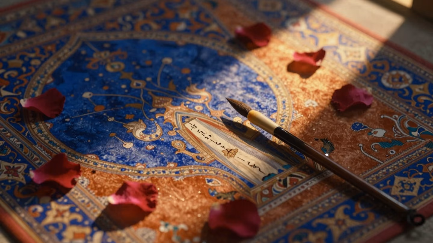 Overhead top-down view of scattered rose petals and antique calligraphy brushes resting on a hand-woven silk carpet, illuminated by a singular, sharp beam of golden afternoon sunlight.
