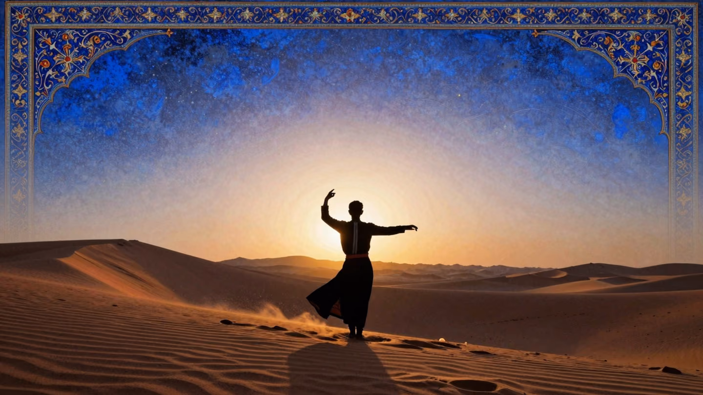 Silhouette of a lone dervish standing on a vast, windswept sand dune at dawn, captured from behind as the first light hits the distant horizon.