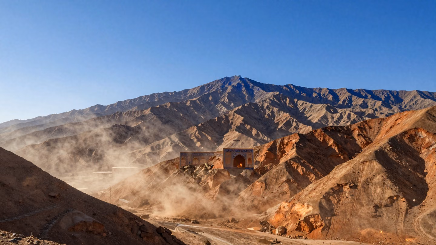 Epic wide shot of a desolate, majestic mountain range under a vast, cloudless sky, with dust motes dancing in the brilliant light as if the very Earth is in motion.
