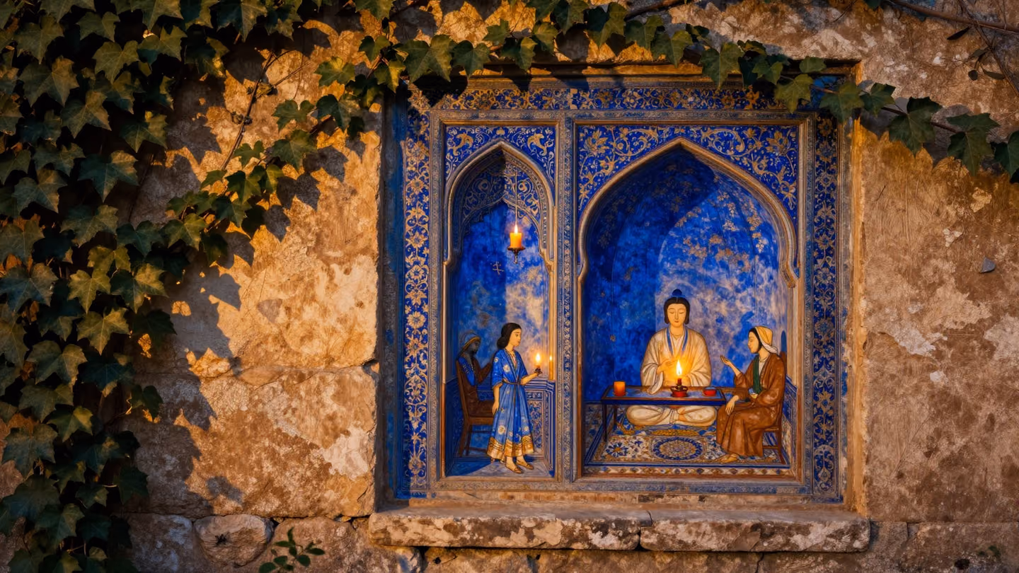 Close-up of a weathered stone wall covered in climbing ivy, captured in the warm, golden light of late afternoon with deep ink-blue shadows in the crevices.