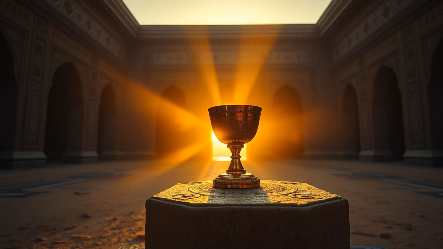 Extreme close-up of a single ancient golden cup resting on a stone plinth, catching the first faint light of dawn in a vast desert temple, dusty atmosphere.