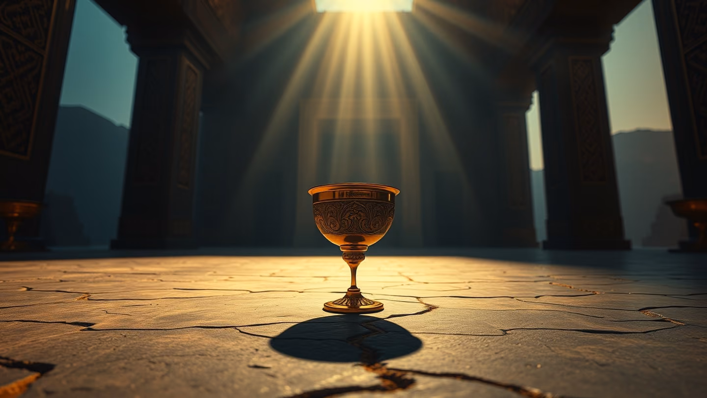 Macro shot of the same golden cup slightly tilted, spilling a drop of liquid onto a cracked stone floor, the surrounding temple hall remains shrouded in deep indigo shadows.