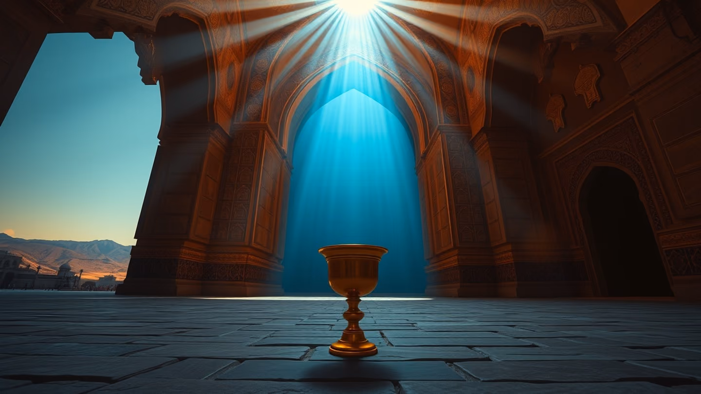 Low-angle view looking up from the stone floor towards the vaulted archway of the temple, the golden cup now blurred in the foreground as the hall fills with blue morning light.