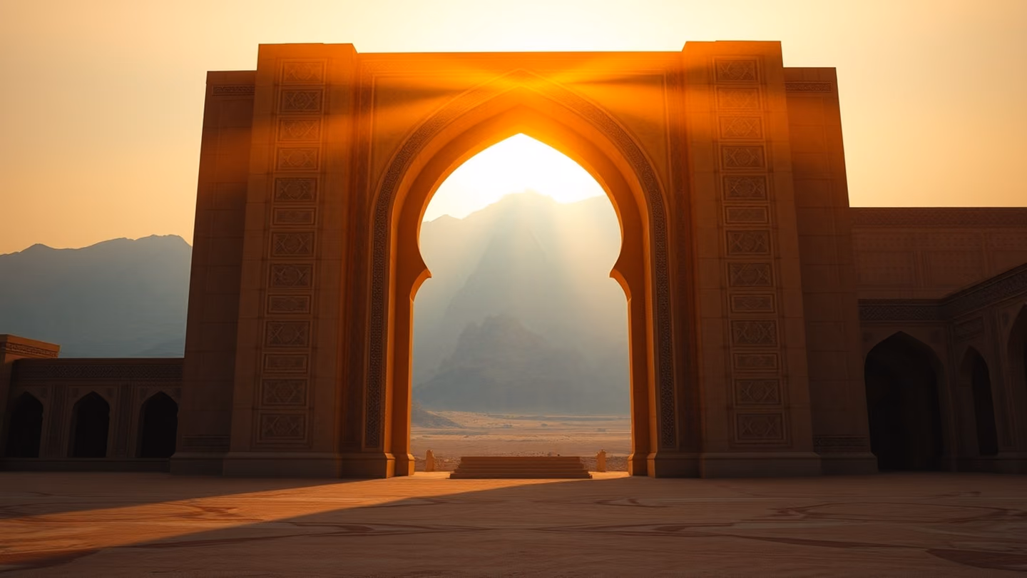 Wide establishing shot of the vast desert temple archway framing a distant mountain range, the morning light intensifying into a warm amber glow.