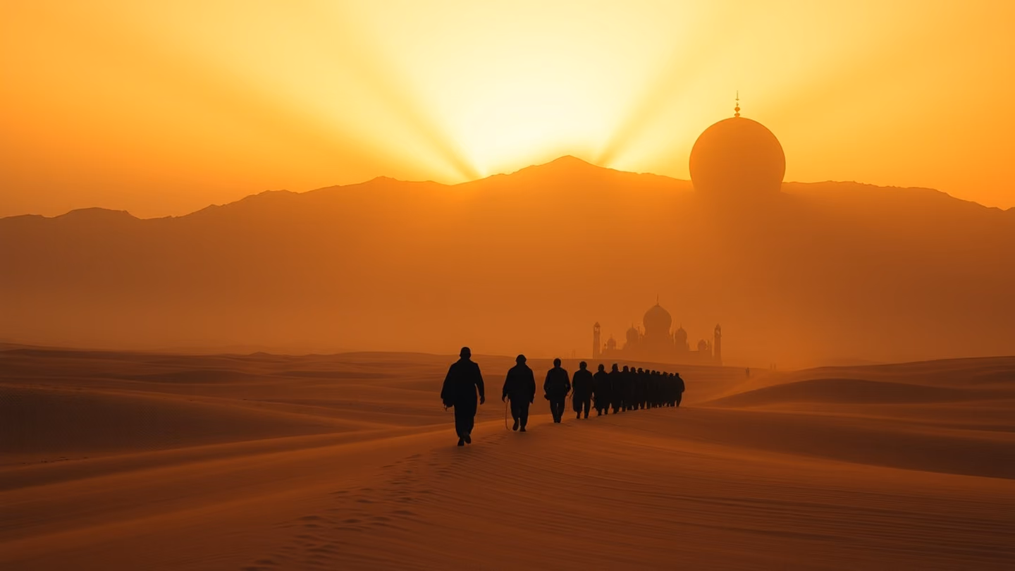 Sweeping wide shot of a caravan of silhouettes moving slowly across the desert sand towards the mountain base, maintaining the same amber light and mountain horizon line.