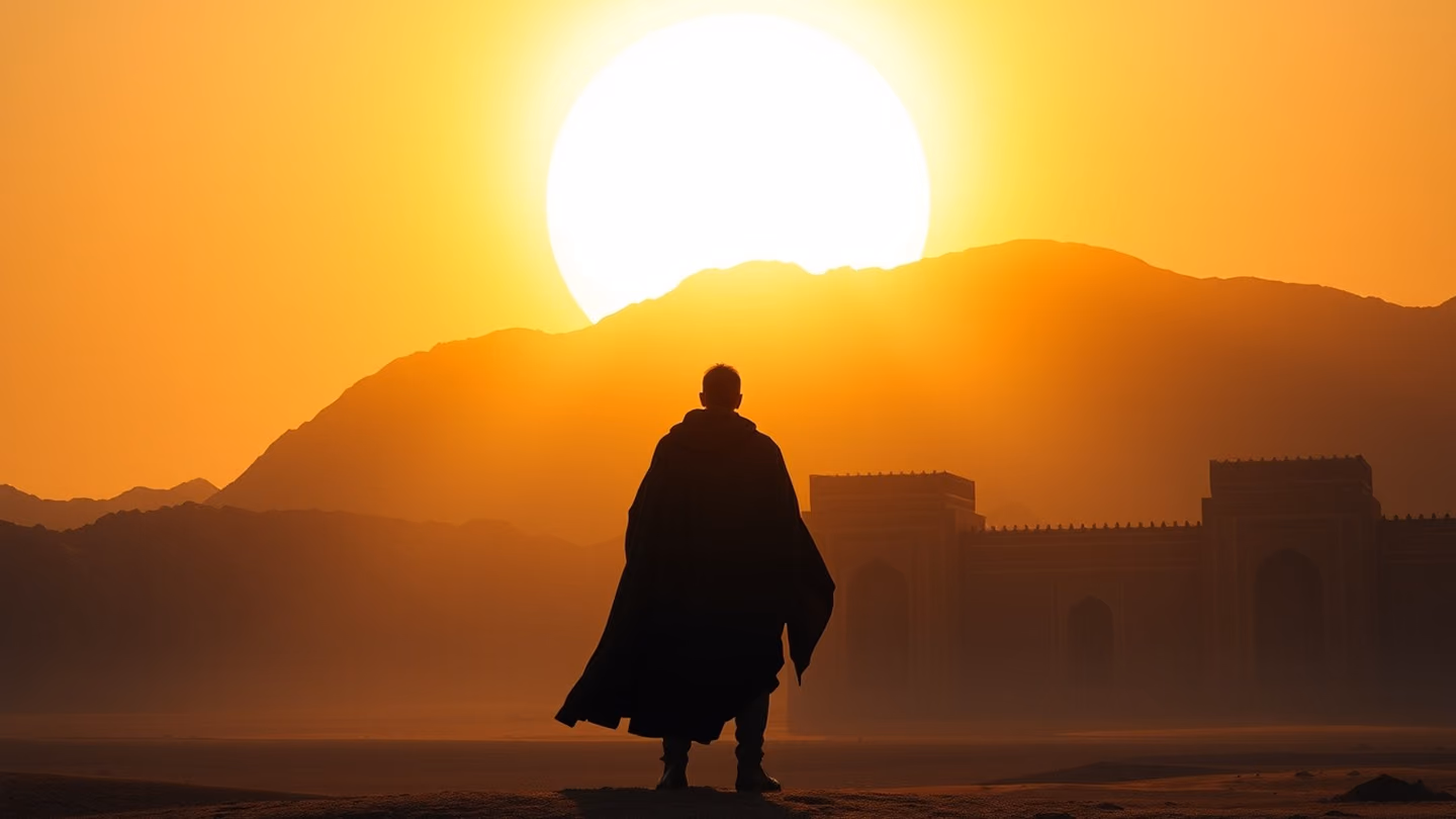 Silhouette of a lone traveler with a flowing cloak standing at the mountain base, framed against a massive glowing sun that dominates the horizon.