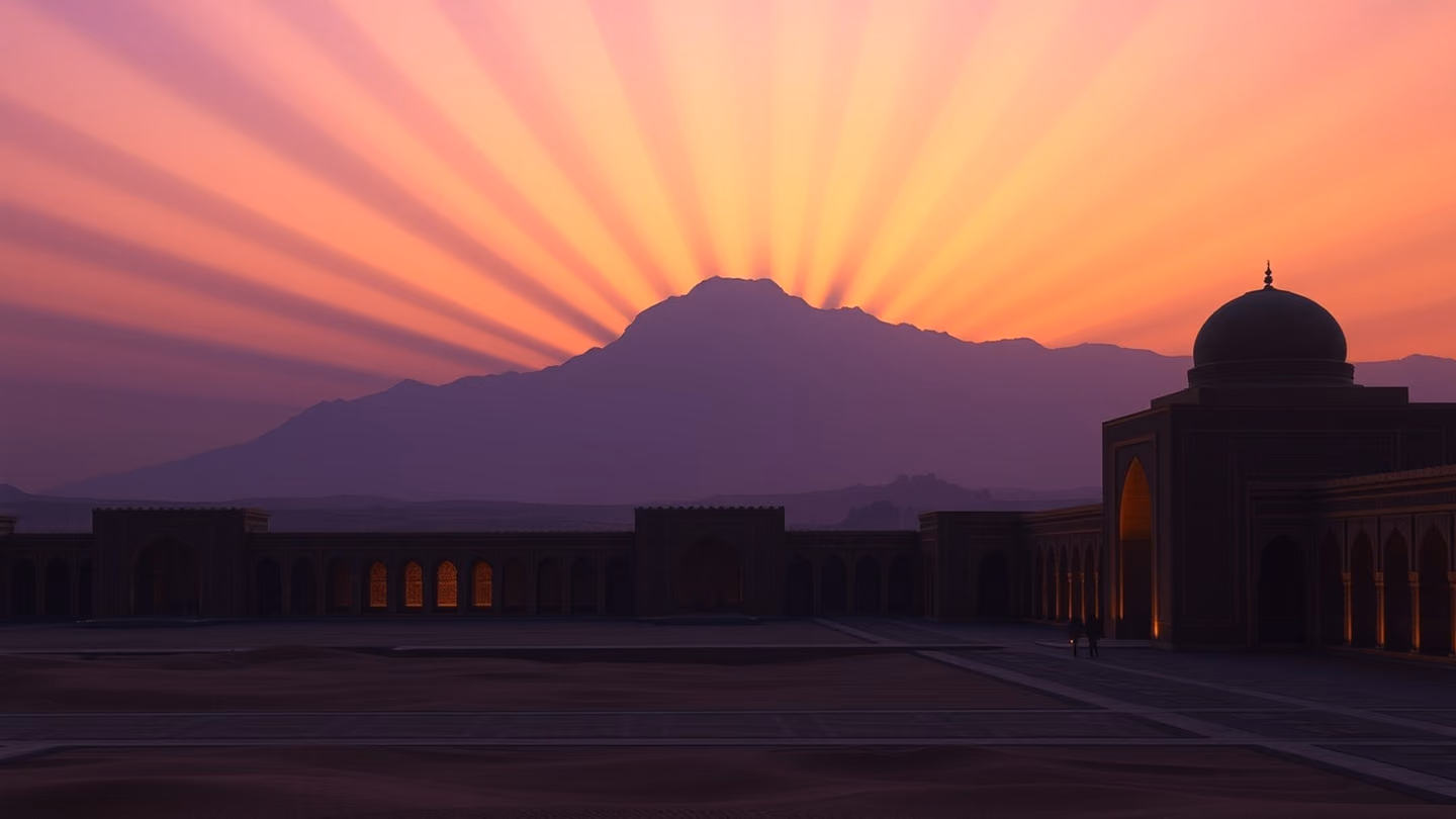 Vast wide shot of the desert horizon at twilight, the god-rays fading into deep purple as the mountain silhouette merges into the darkening sky, final resolution.