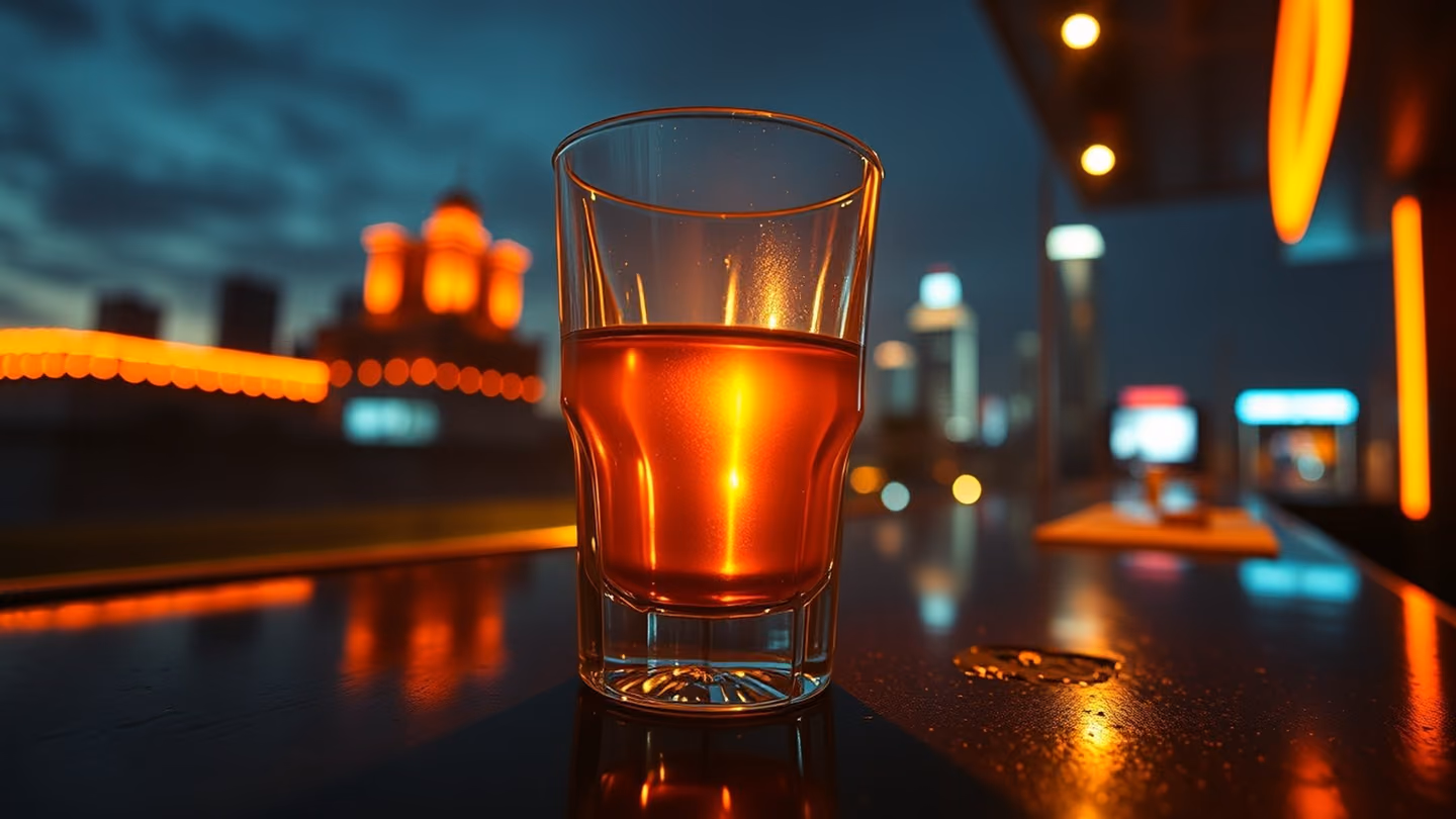 Extreme close-up of a single crystal glass containing amber liquid catching a sliver of warm light on a dark bar top.