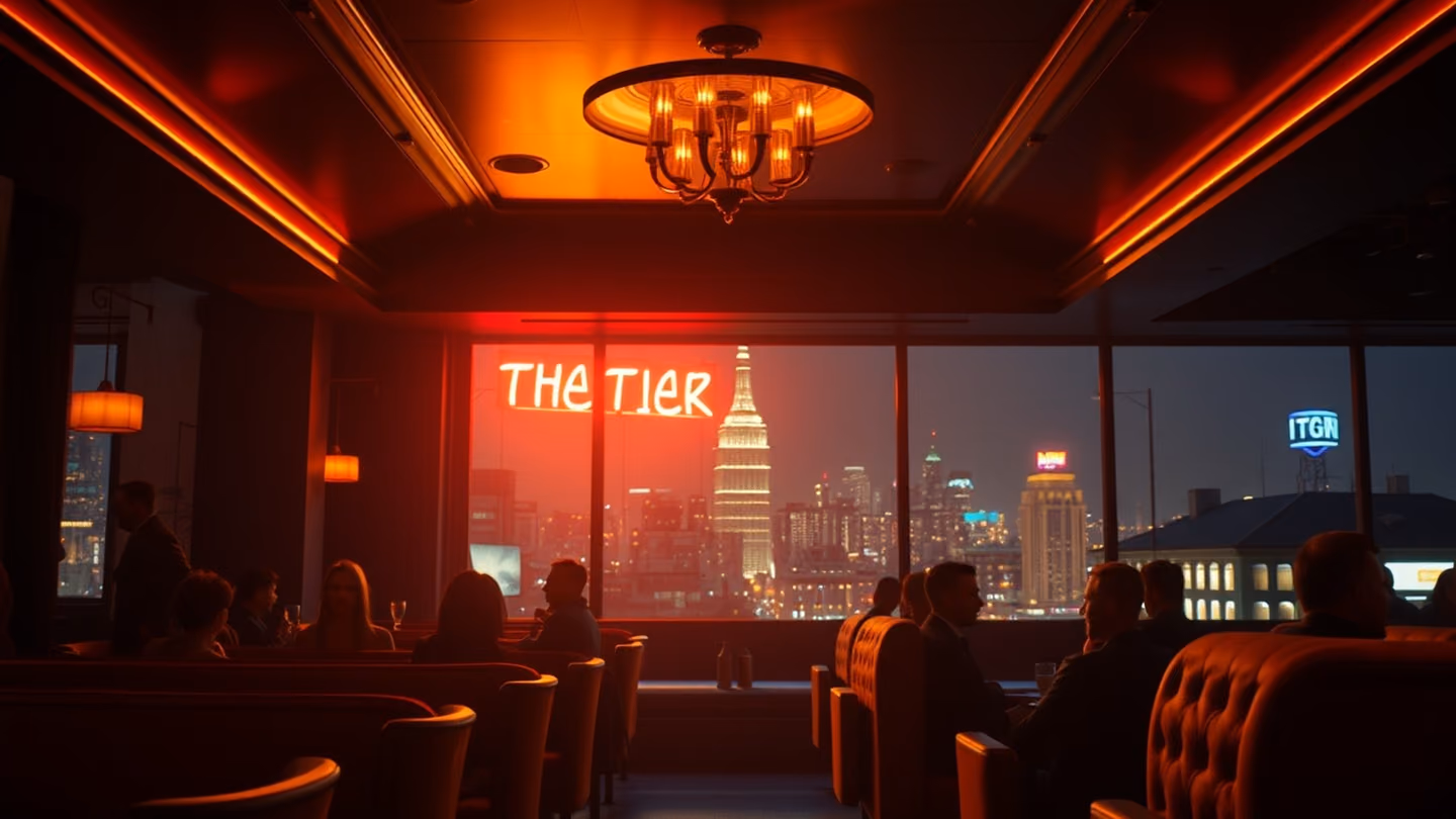 Wide establishing shot of a dimly lit jazz lounge with plush velvet booths and silhouettes of patrons blurred in the deep shadows.