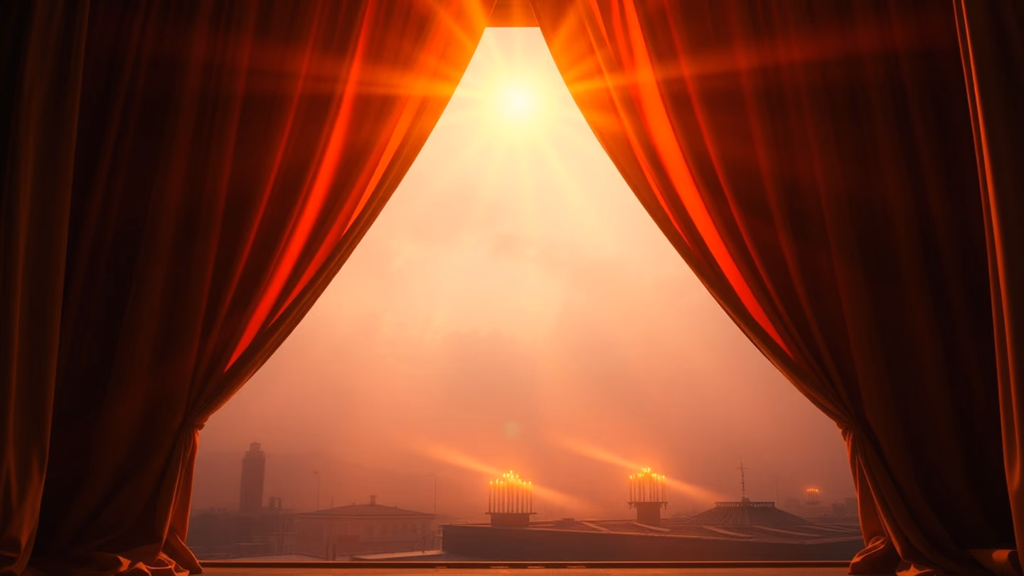 Low-angle shot looking up at a heavy silk curtain parting slightly to reveal a hazy, candlelit stage area.