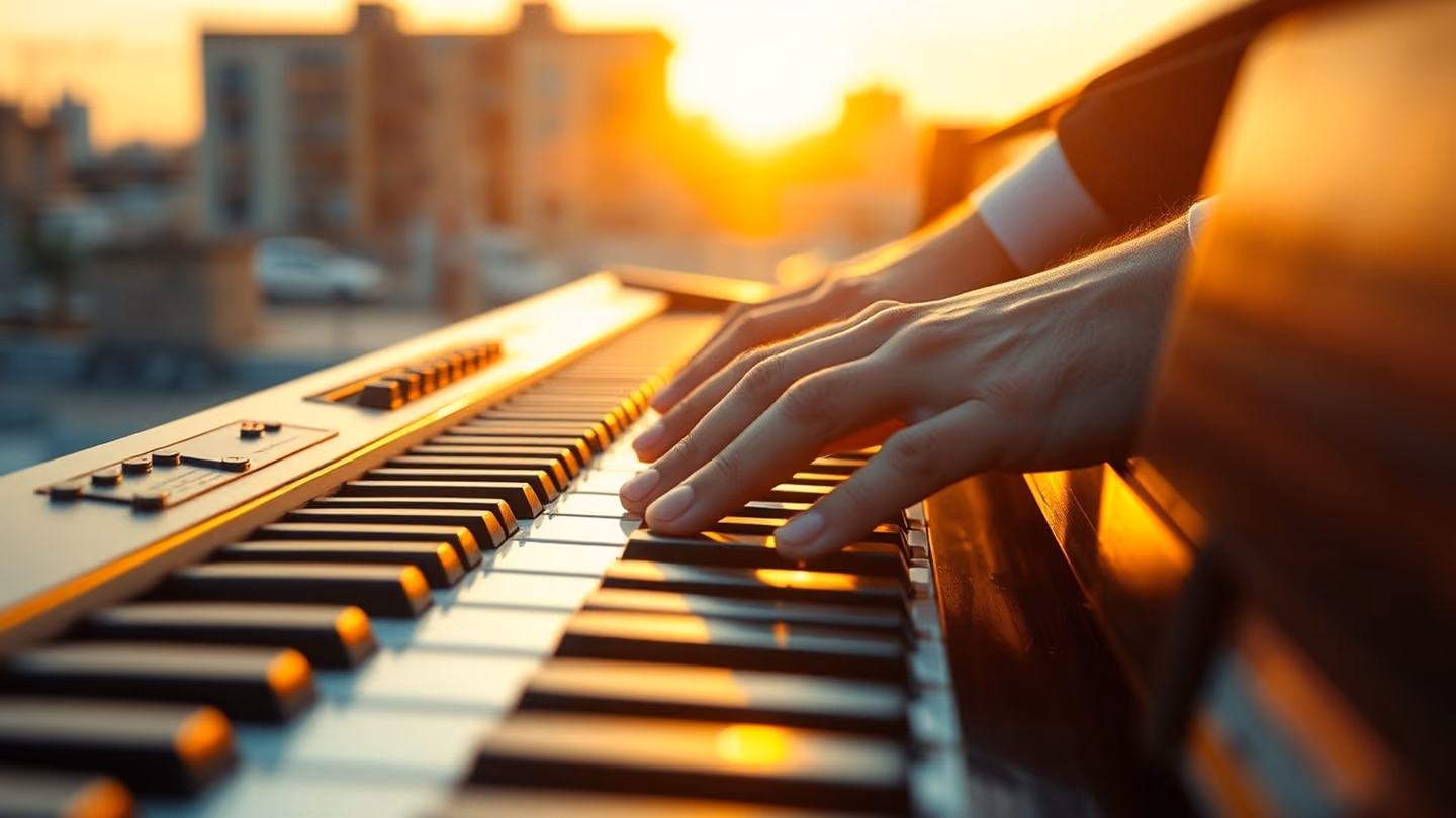 Extreme close-up of a musician's hands resting elegantly on the polished keys of an electric piano, bathed in soft golden rim light.