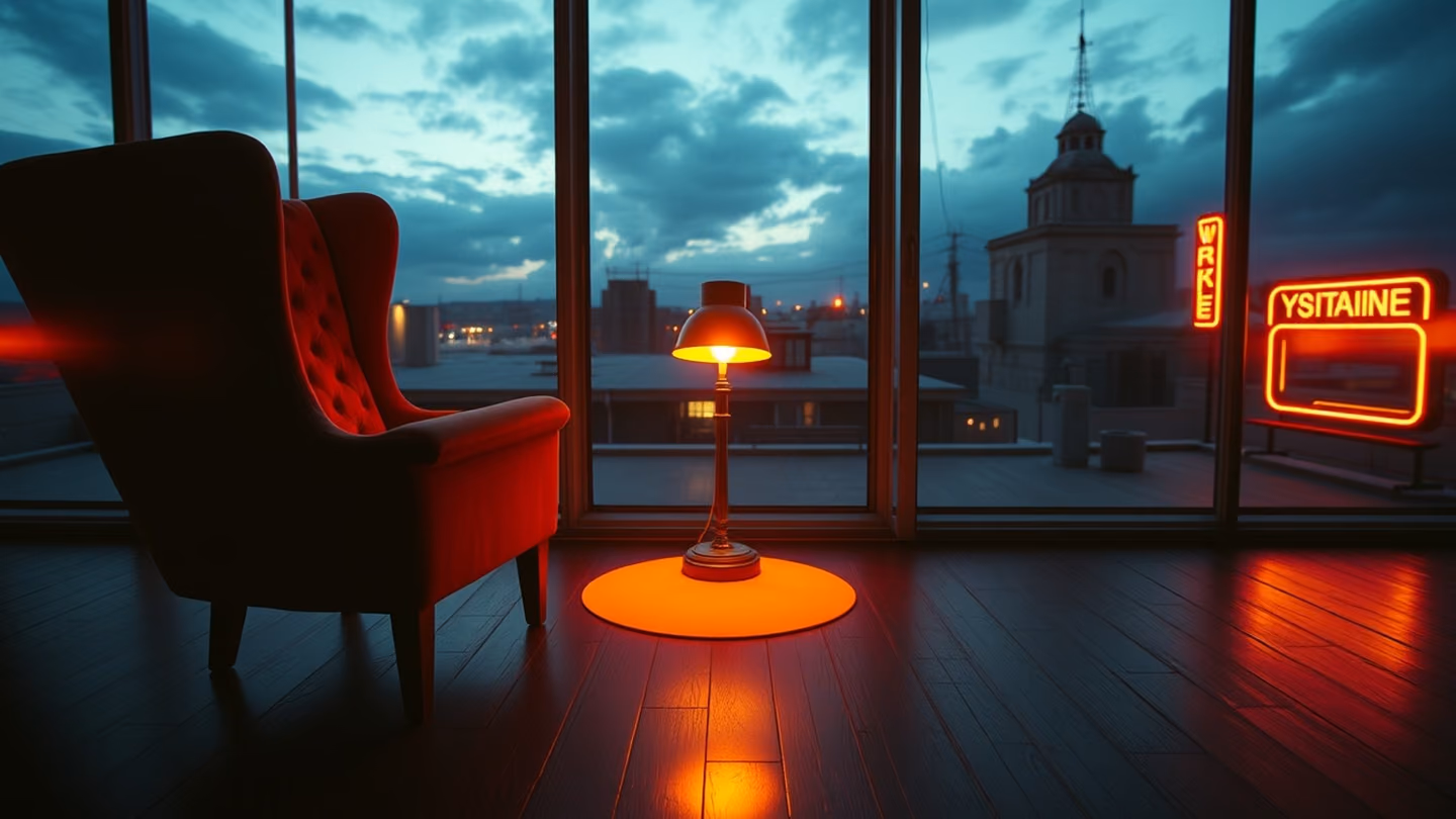 Vast wide shot from behind a velvet-cushioned chair focusing on a singular vintage floor lamp casting a warm circle of light on dark floorboards.