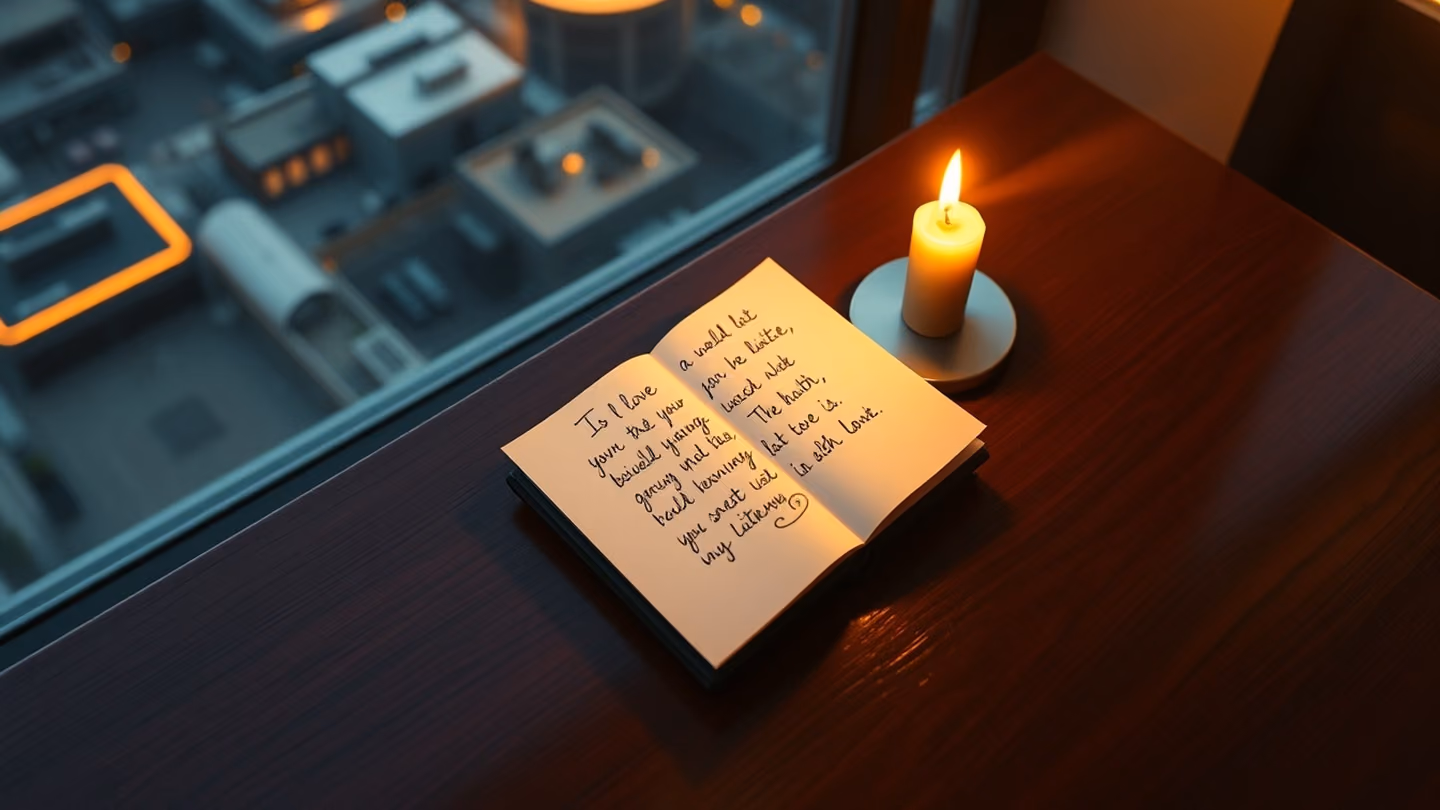 Overhead top-down shot of an open, handwritten love note resting on a mahogany table next to a flickering taper candle.