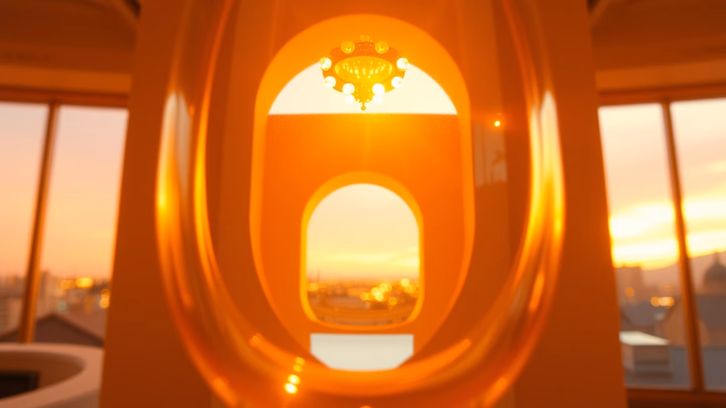 Framed through a crystalline glass vase, a beautiful interior archway glows with soft, amber-toned ambient light.