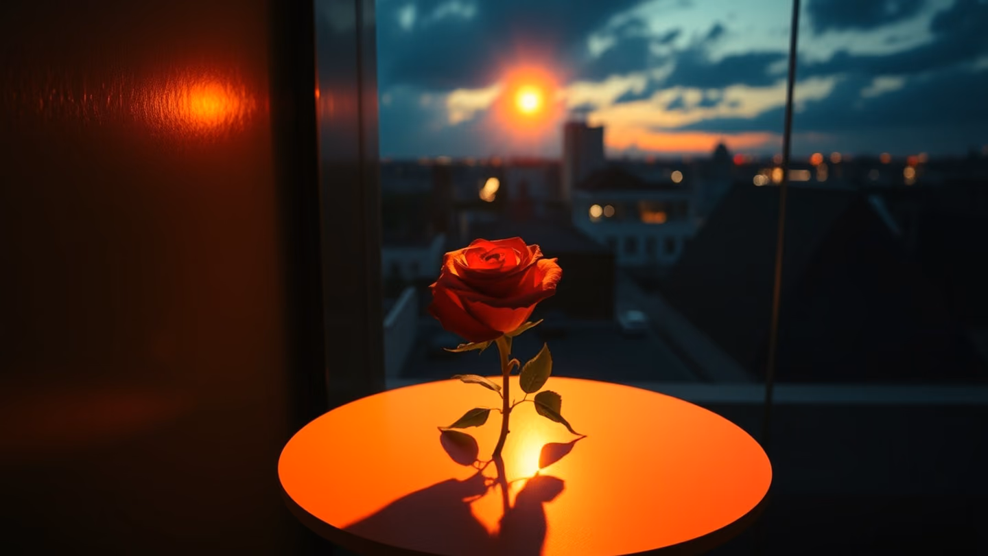 Wide shot of a solitary rose placed on a small round table in a dark corner, the petals catching a dramatic, moody spotlight.