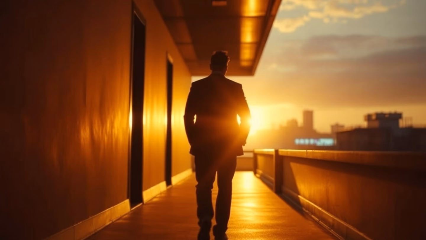 Soft-focus shot of a distant, indistinct figure walking away into a deep, shadow-filled hallway where the light fades into profound warmth.