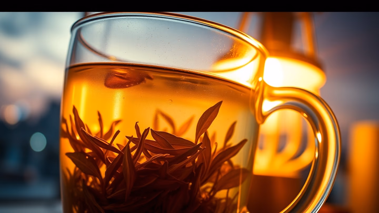 Extreme close-up of fragrant loose-leaf tea leaves swirling in hot water inside a clear glass mug, lit by a flickering warm desk lamp, shallow depth of field.