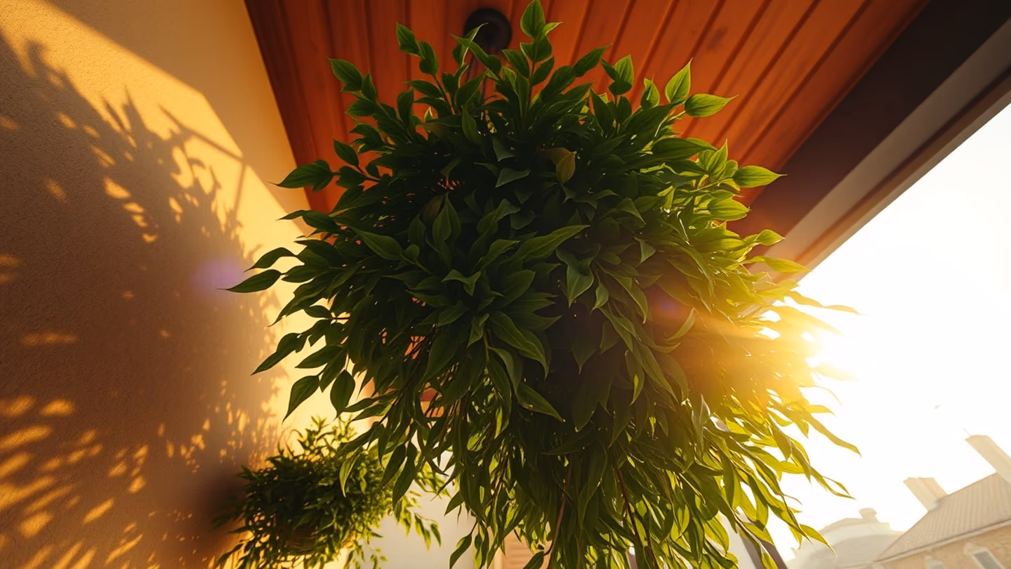 Low-angle shot looking up at a dense cluster of lush green houseplants hanging from a wooden ceiling, shadows dancing on a textured beige wall, soft ambient light.
