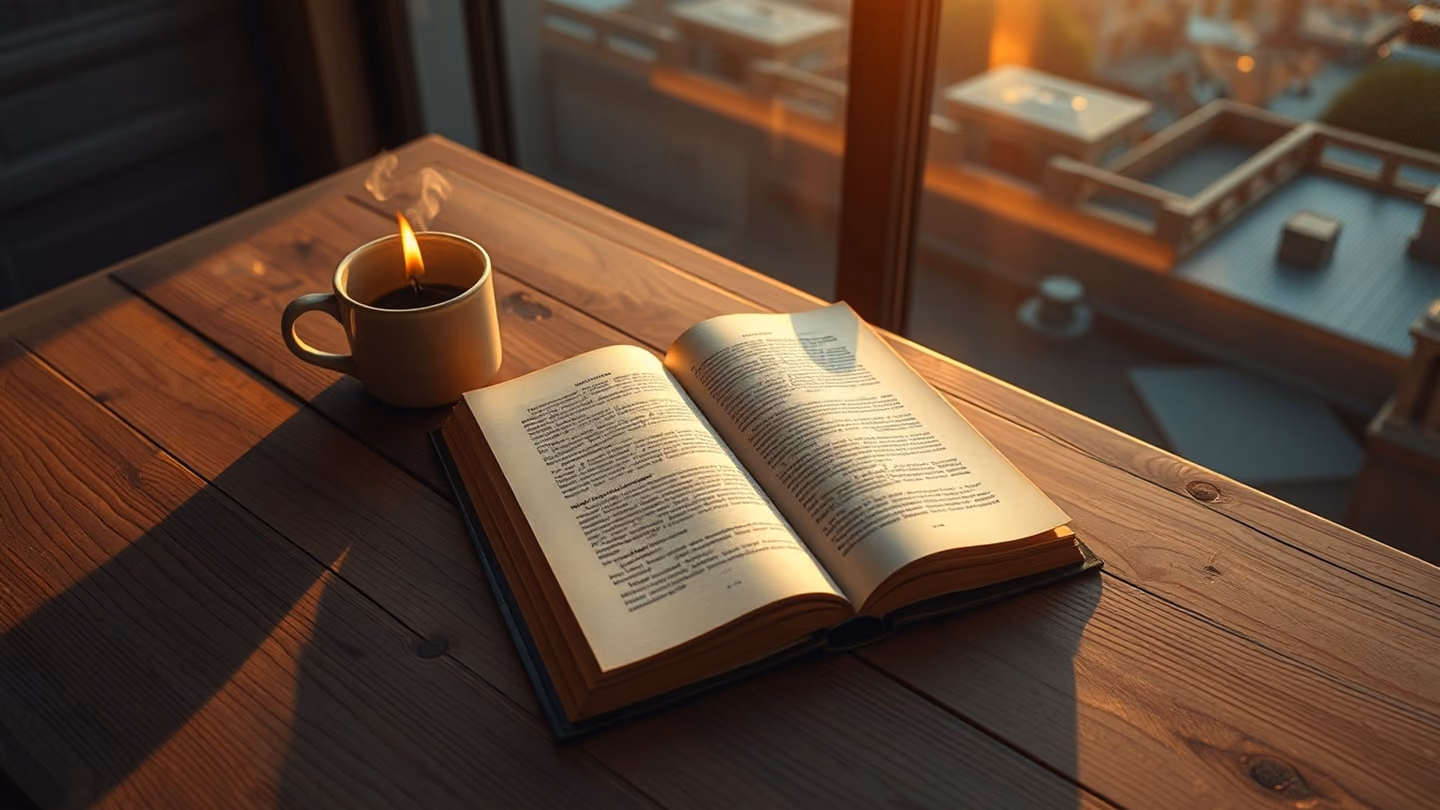 High-angle top-down shot of an open vintage book resting on a worn wooden table next to a steaming ceramic cup and a half-burnt candle, warm shadows, minimalist composition.