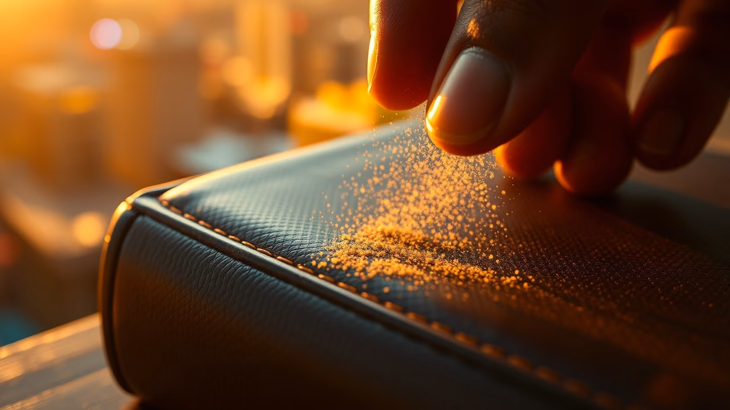 Extreme close-up of a hand gently brushing dust off the spine of a leather-bound book, soft light catching the floating dust motes, cinematic texture.