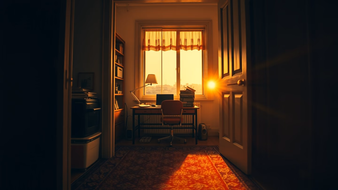 Wide shot of a small, cluttered writing desk framed through an open doorway, warm lamp light spilling onto a Persian carpet, quiet solitude.