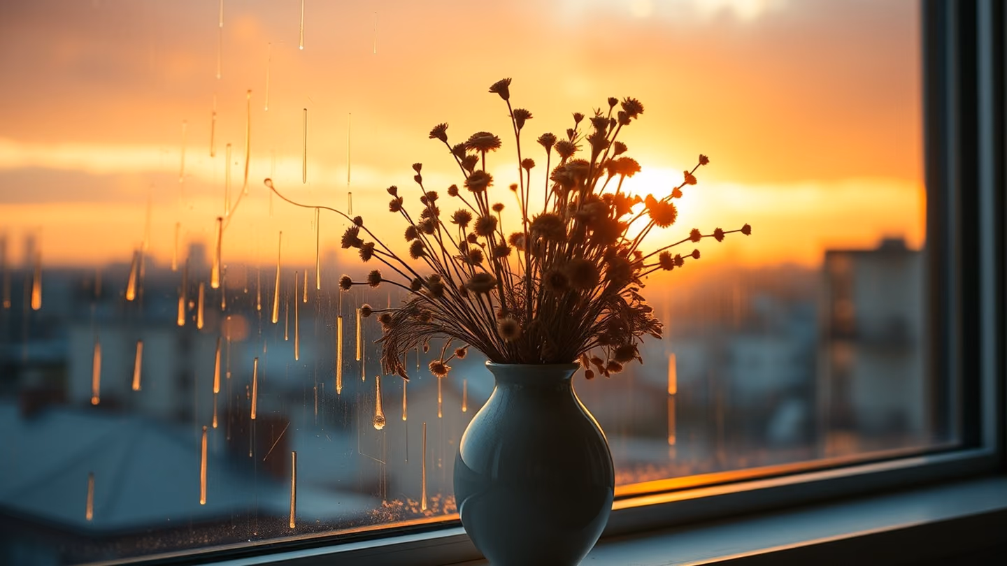 Backlit shot of a ceramic vase filled with dried wildflowers perched on a windowsill, rain streaks on the glass reflecting the soft glow, peaceful and meditative.