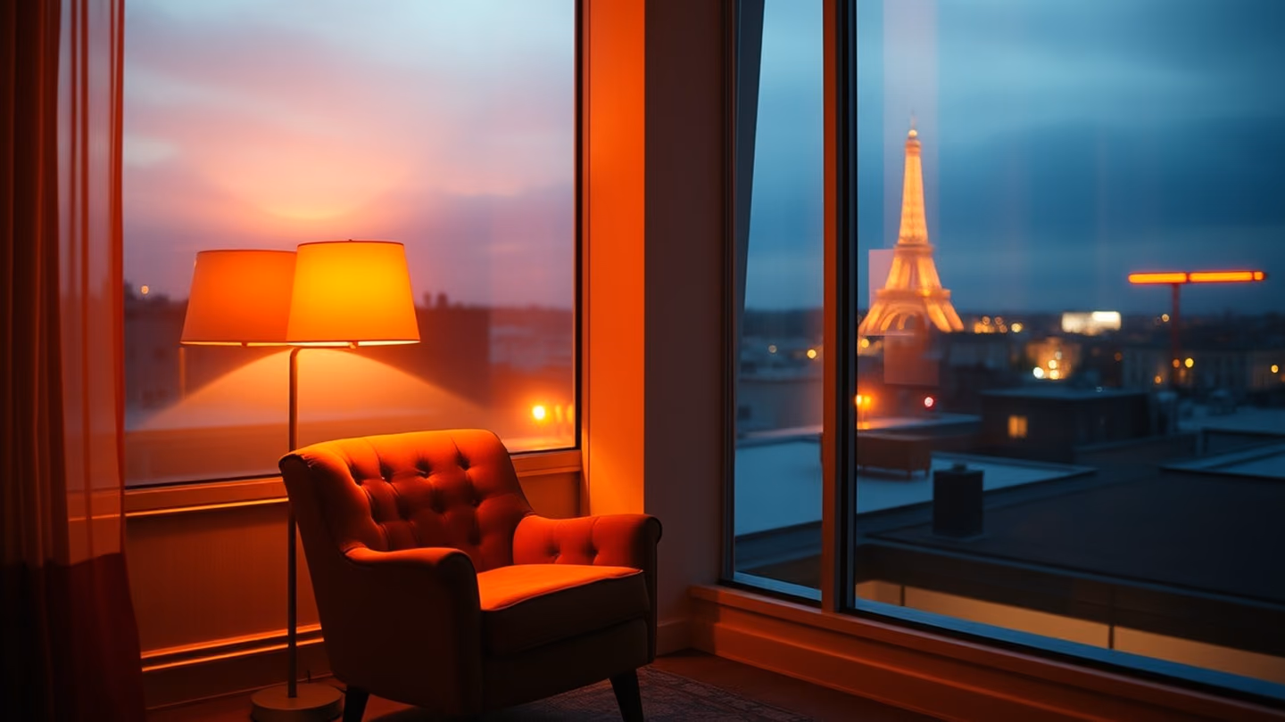 Wide shot of a cozy reading corner with a velvet armchair, deep amber light emanating from a brass floor lamp, empty space for reflection.