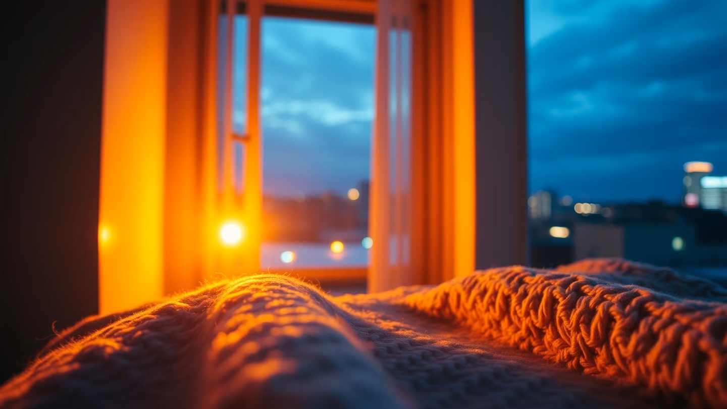 Extreme close-up of a soft knitted blanket texture in the corner of a room, dimly lit by the distant glow of a window, serene and final quietude.