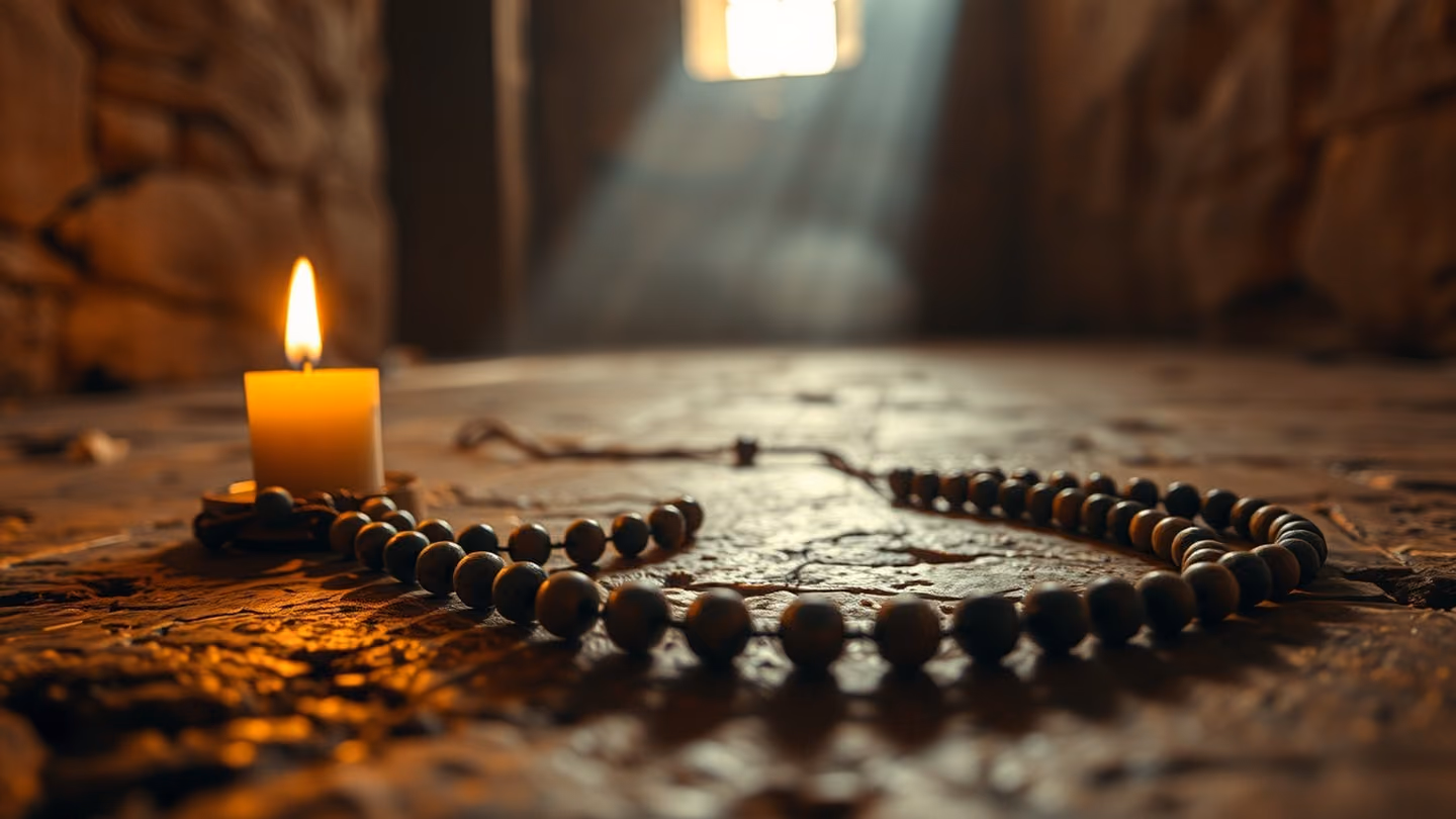 Extreme close-up of a weathered string of prayer beads resting on an ancient, worn stone floor, illuminated by a single warm candle flame, painterly textures.