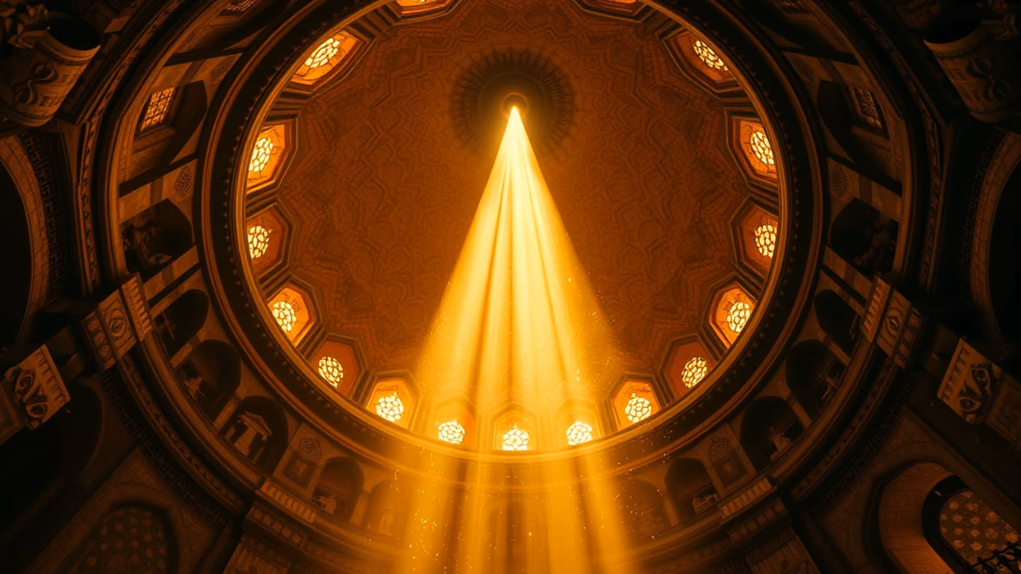 Low-angle shot looking up through the ornate, geometric arched dome of a sanctuary, showing dust motes swirling in a piercing shaft of divine light.