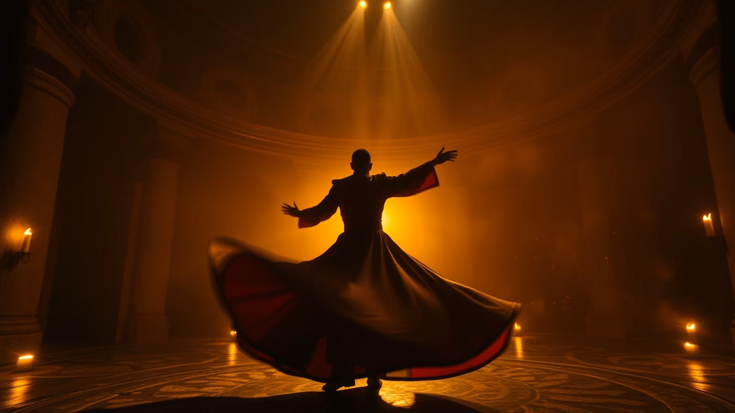 Silhouette of a whirling dervish spinning in a dark, candle-lit circular room, captured in long exposure to show the motion of the robes, soft golden glow.
